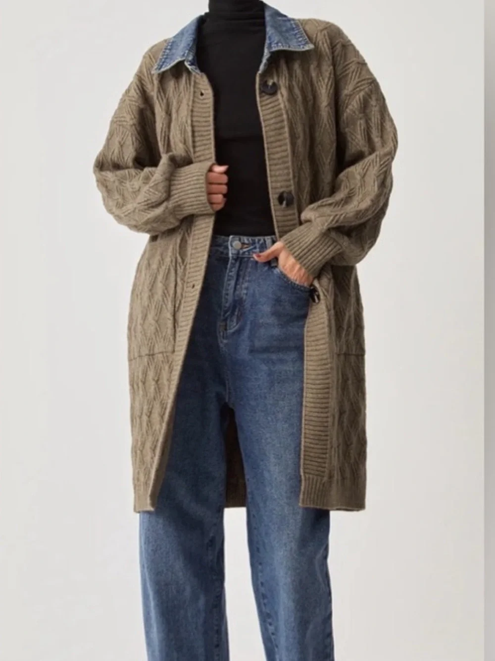 COMMENSE Diamond Stitch Knitting Longline Cardigan Denim Tan Oversized fit S - Picture 1 of 15